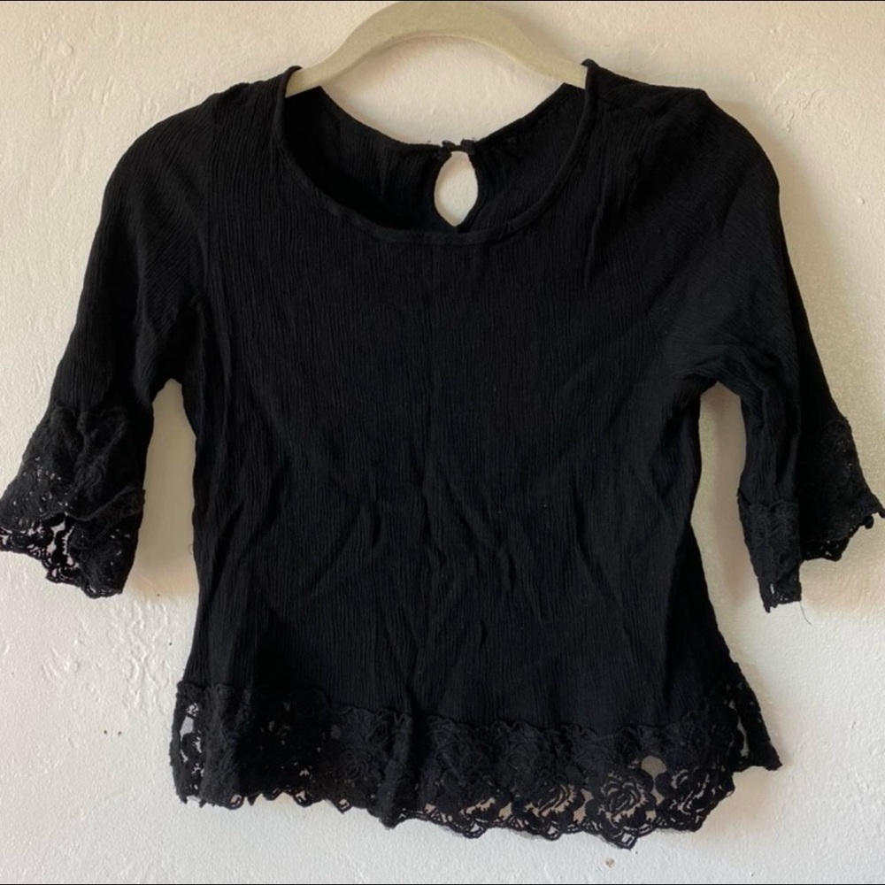 Free People - Black Lace Trim Elegant Evening Blouse Top - Small